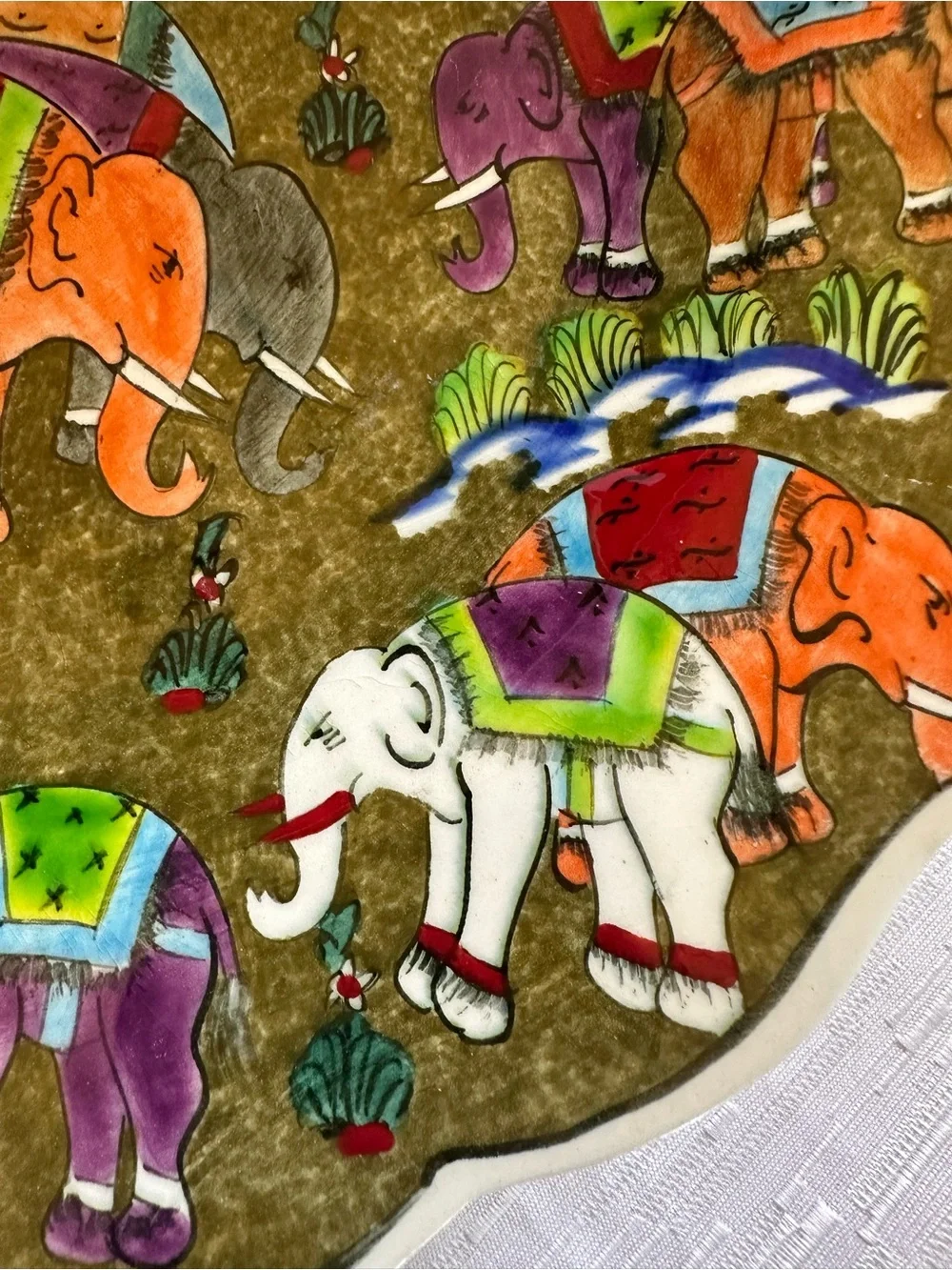 Turkish Hand Painted Ceramic Wall Plate Colorful Elephants 12in Artist Signed